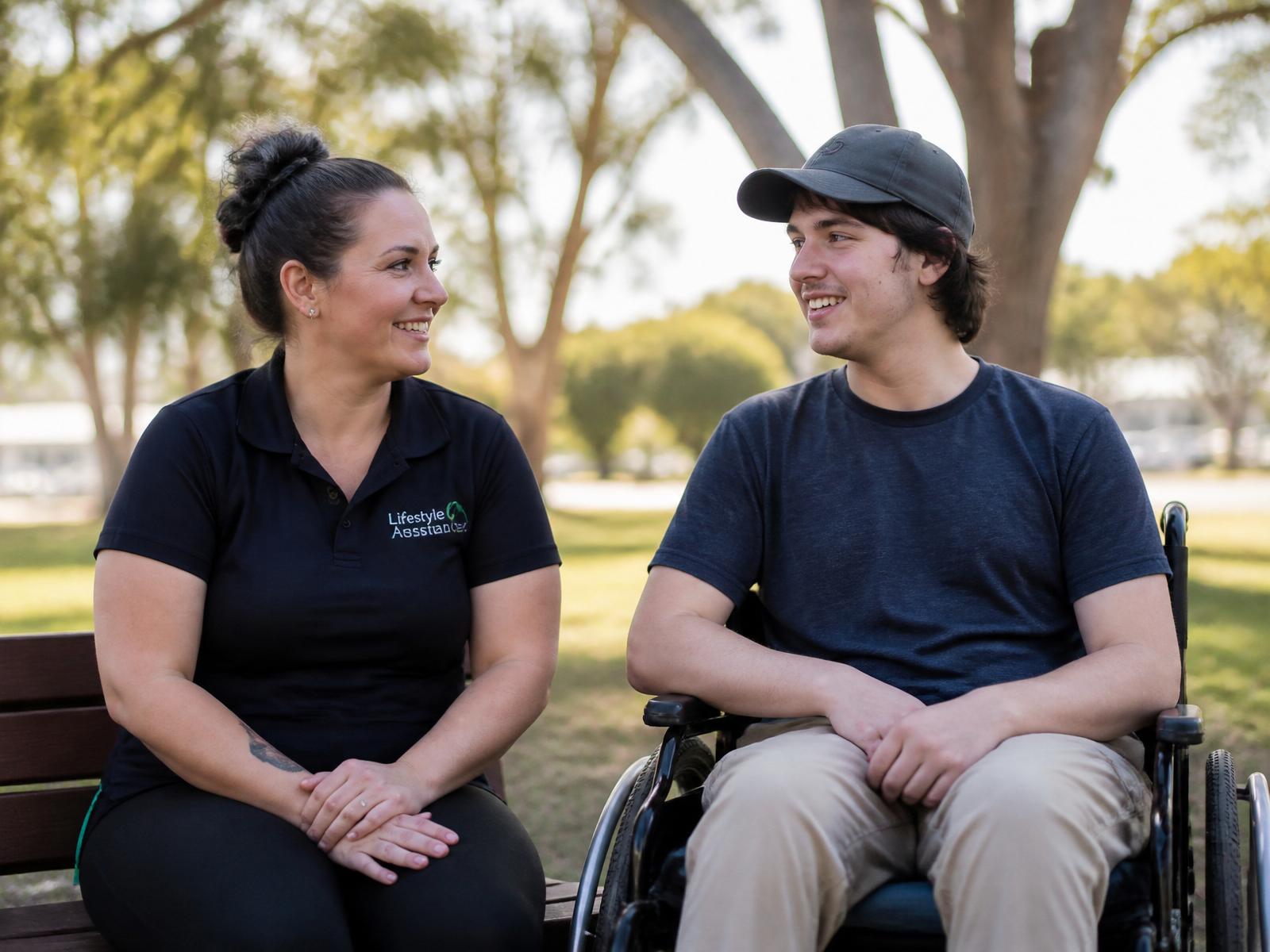 A Plan For Care support worker walking with an NDIS participant using a wheelchair through a sunlit park